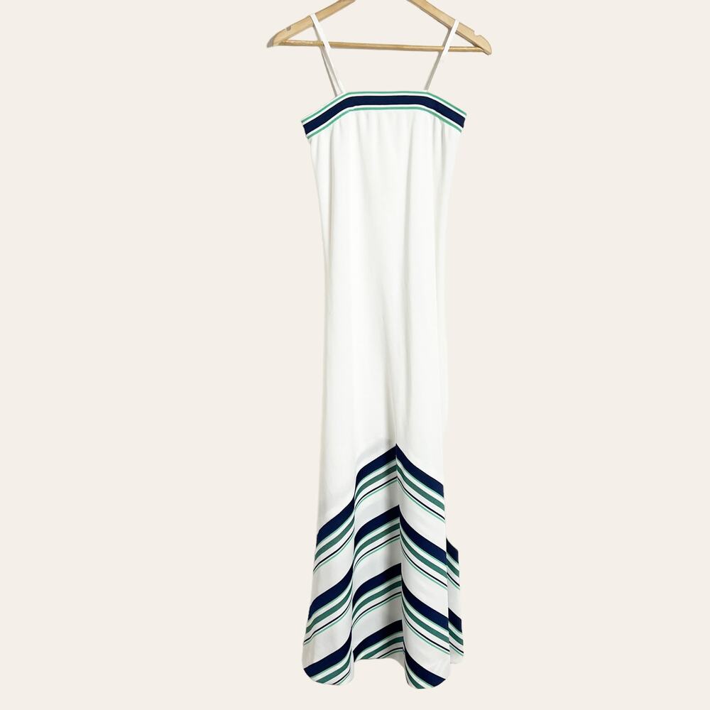 Vintage 70’s Retro White Striped Sleeveless Square Neck Maxi Dress Size S